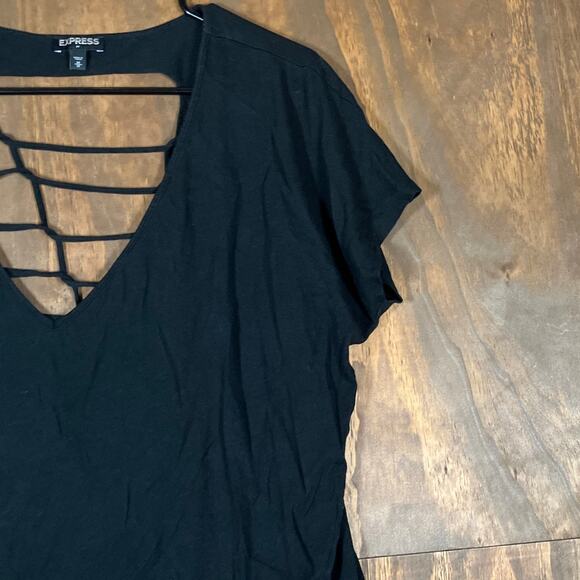 Express Womens Shirt Black Open Criss Cross Back Short Sleeve Stretch Medium - Picture 5 of 12